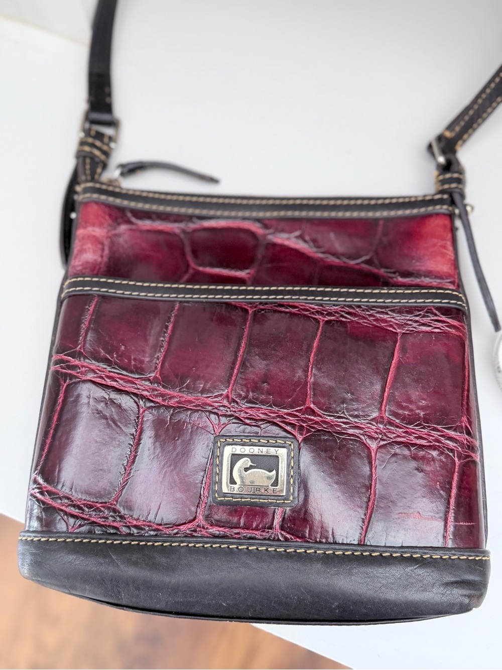 Dooney & Bourke Burgundy & Black Croc Embossed Leather Letter Carrier Bag